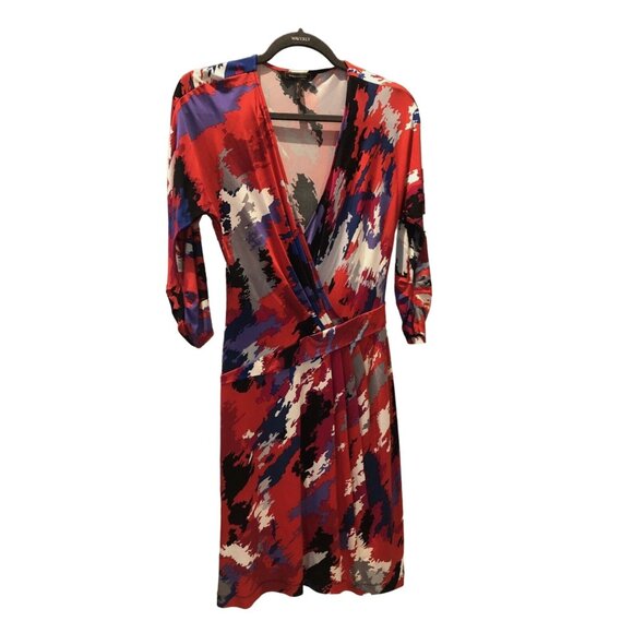BCBGMAXAZRIA Red Blue Combo Printed Dress Women's Size Small 3/4 Sleeve V Neck E - Picture 4 of 7